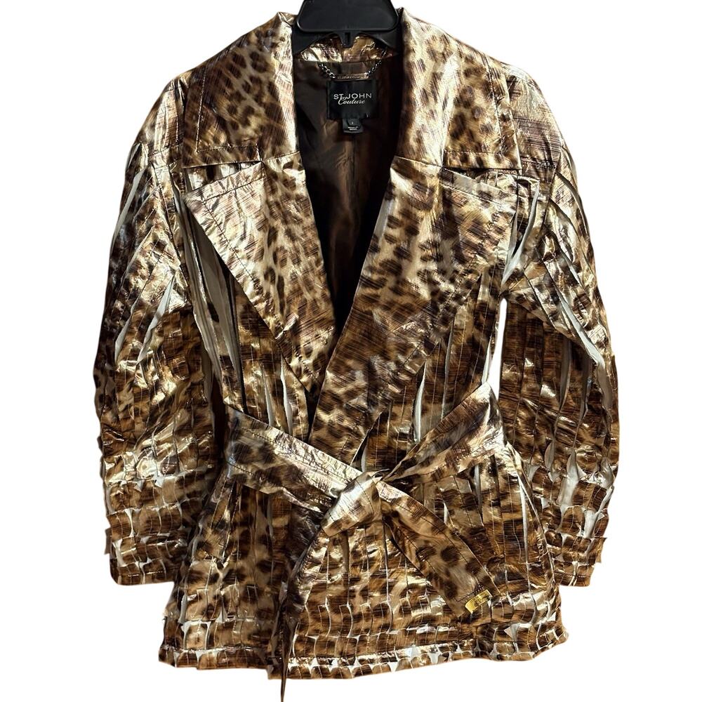 ST. JOHN Couture Jacket Womens Size 2 Brown/Gold Metallic Leopard Print Belted